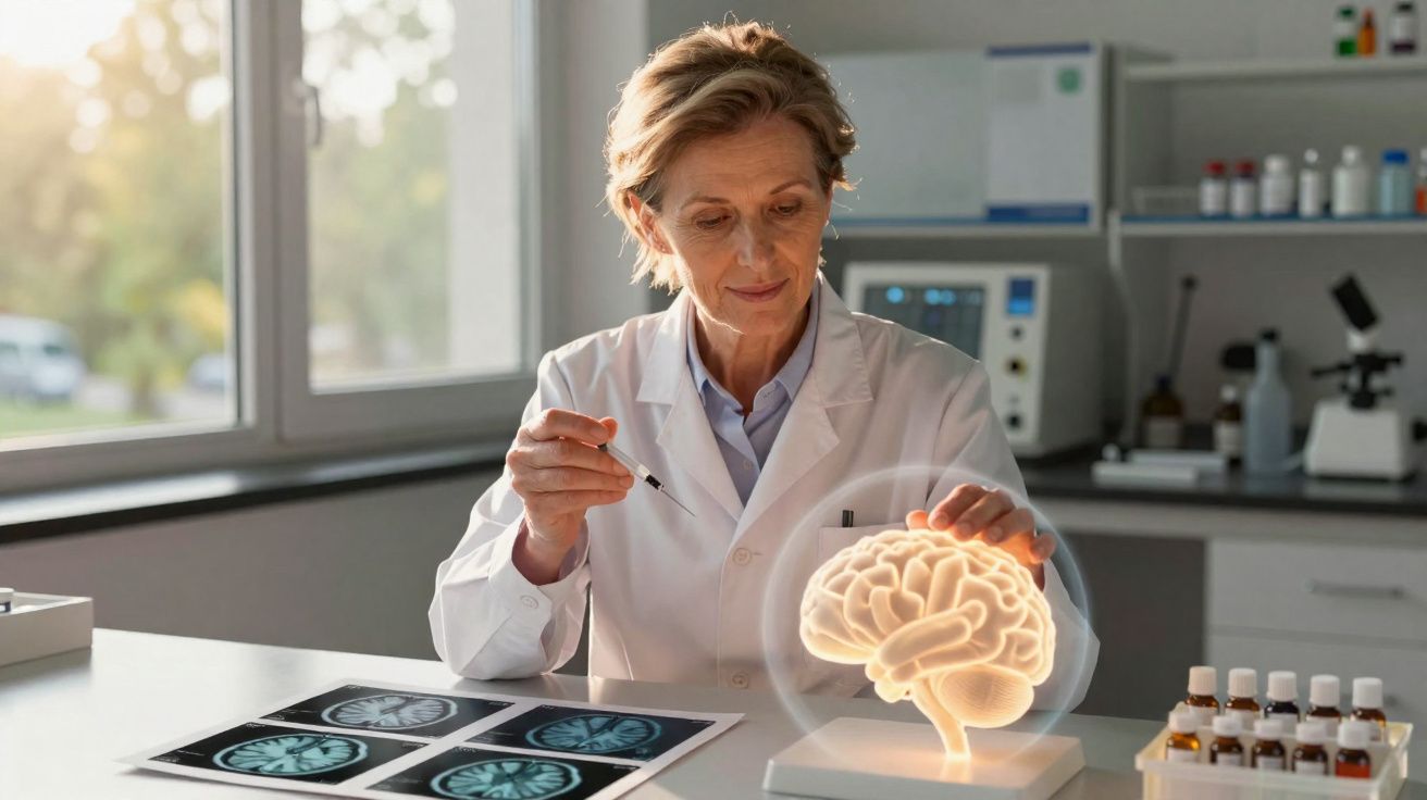 Cientista em jaleco branca analisa modelo holográfico de cérebro e imagens de exames num laboratório.