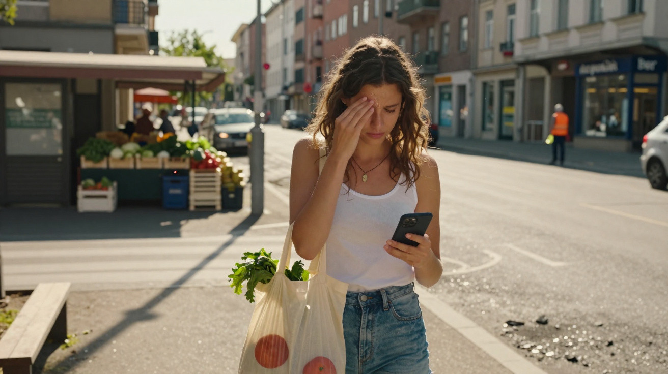 Mulher jovem com saco de compras olha preocupada para o telemóvel numa rua de cidade ensolarada.