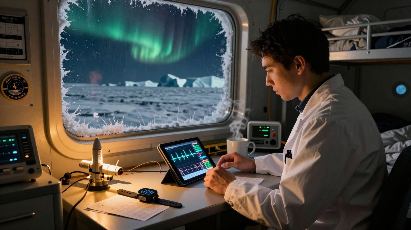Homem a analisar dados num tablet dentro de uma estação científica com aurora boreal visível pela janela congelada.