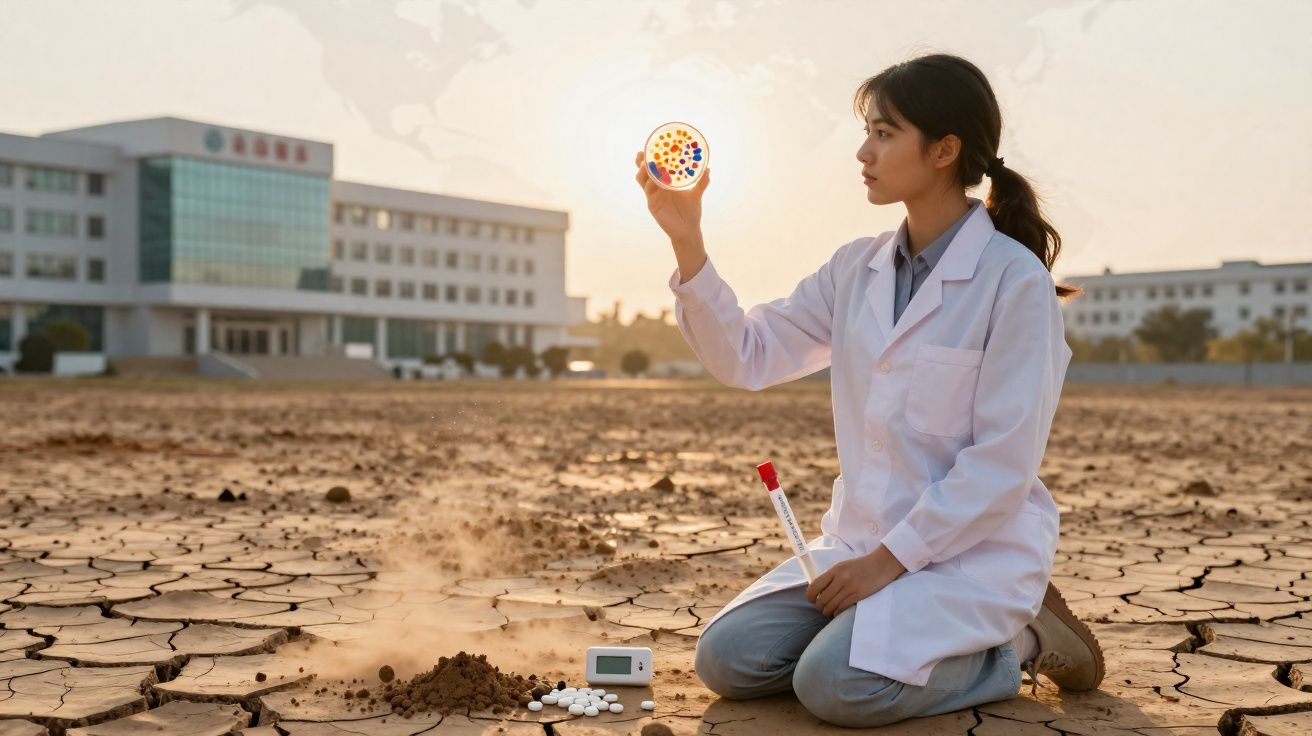 Mulher cientista com bata branca examina placa de Petri num campo seco e rachado ao pôr do sol.