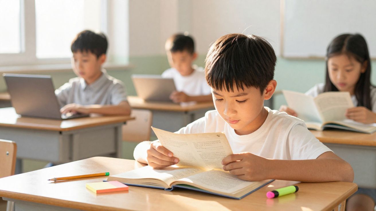 Crianças asiáticas numa sala de aula a ler livros, com computadores portáteis nas mesas ao fundo.