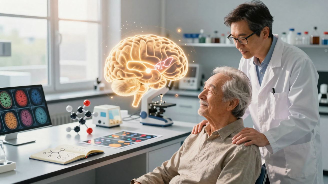 Cientista e paciente idoso em laboratório com holograma iluminado de cérebro e exames neurocientíficos à frente.