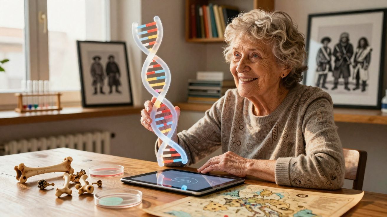 Mulher idosa sorridente segura modelo 3D de ADN numa mesa com tablet, ossos e mapa.