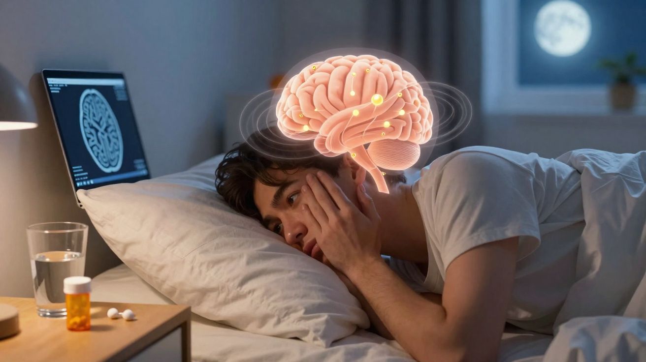 Homem deitado na cama com expressão de preocupação e ilustração de cérebro iluminado acima da cabeça.