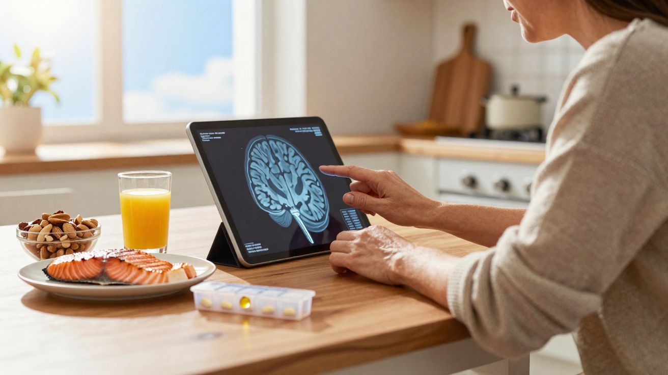 Pessoa a analisar uma imagem digital do cérebro num tablet numa cozinha, com comida e medicamentos na mesa.