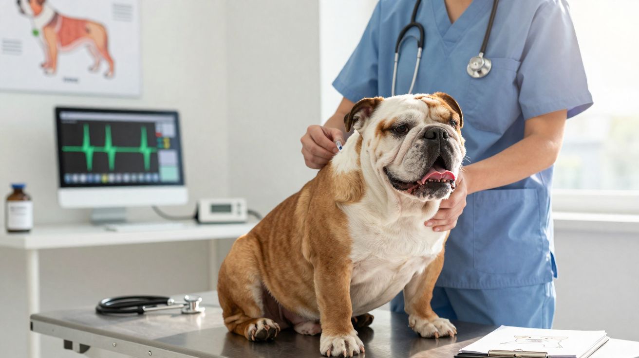 Veterinário a examinar cão bulldog inglês numa clínica com equipamento médico ao fundo.