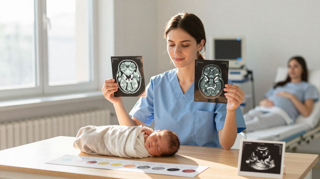 Enfermeira mostra exames cerebrais enquanto bebé dorme enrolado e mulher grávida repousa ao fundo em clínica.