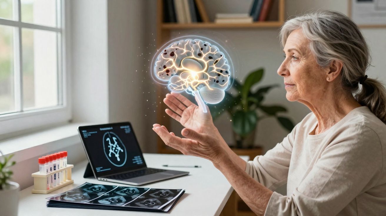 Mulher sénior em escritório a apontar para um holograma de cérebro, com exames e computador à frente.