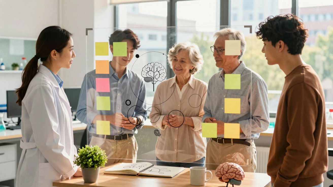 Grupo diversificado discute cérebro e saúde mental com caderno e post-its coloridos numa sala iluminada.
