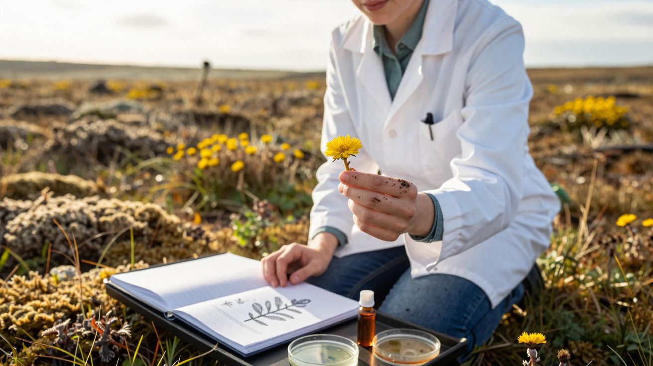Mulher com bata branca analisa flor amarela num campo, com livro de botânica e frascos de estudo ao lado.