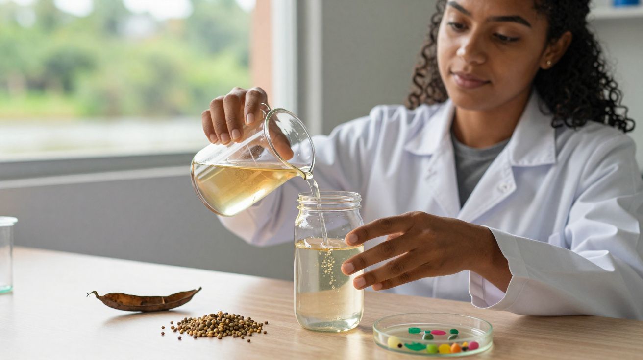 Mulher com bata branca a verter líquido amarelo de béquer para frasco num laboratório com sementes e placa de Petri.