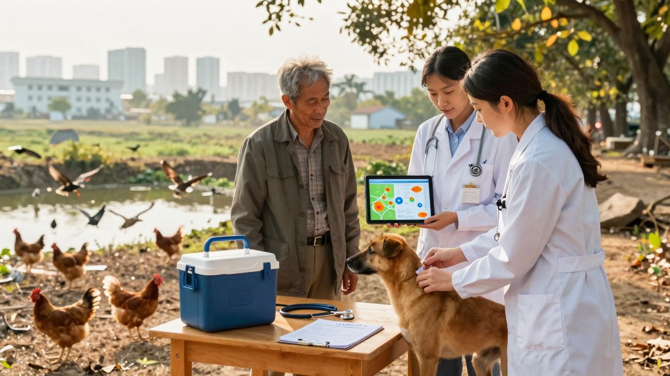 Veterinárias examinam cão junto a homem em área rural com galinhas e lago ao fundo.