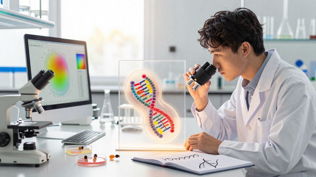 Cientista jovem observa micro-organismos no microscópio em laboratório com modelo de DNA e computador à sua frente.
