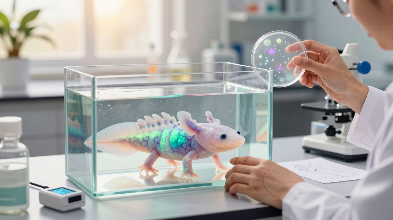 Cientista observa axolote bioluminescente holográfico num aquário durante experiência em laboratório.