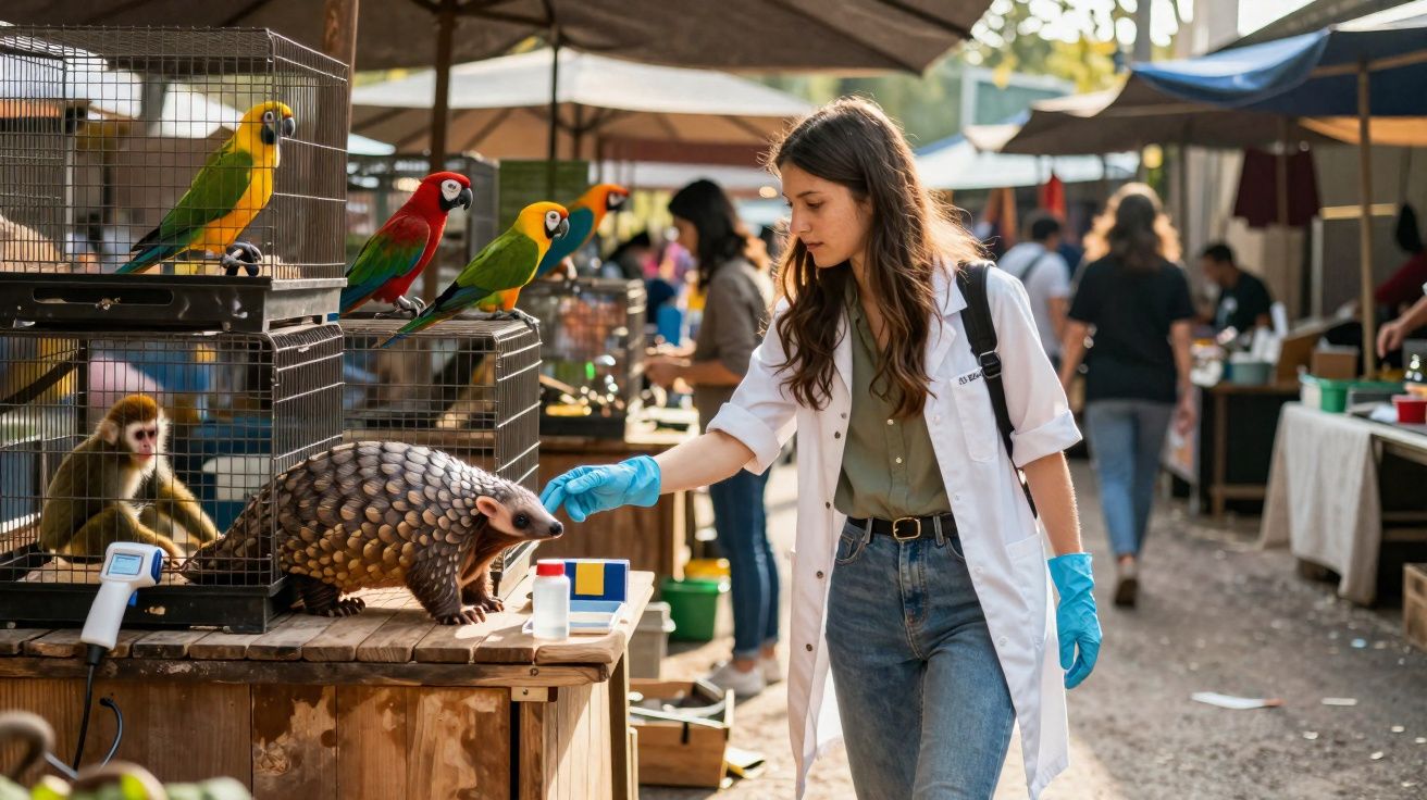 Mulher com bata branca e luvas azuis interage com pangolim e aves num mercado ao ar livre.