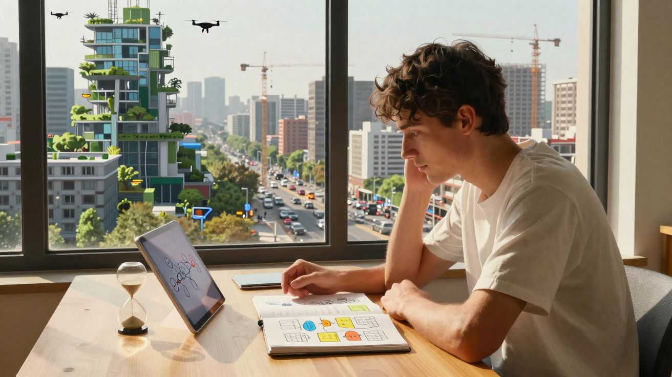 Jovem a estudar com caderno e tablet numa mesa junto a janela com vista para cidade e drones no céu.