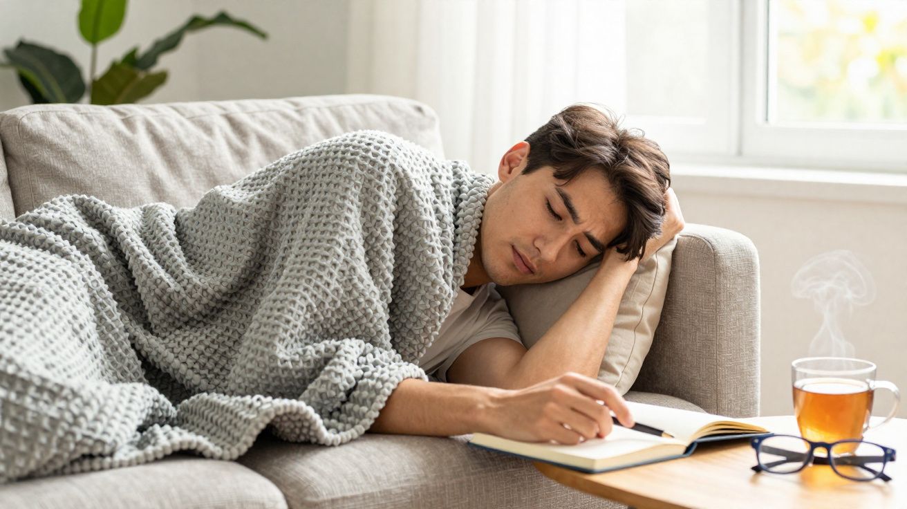 Homem deitado no sofá com manta, a escrever num caderno, com chá quente e óculos numa mesa ao lado.