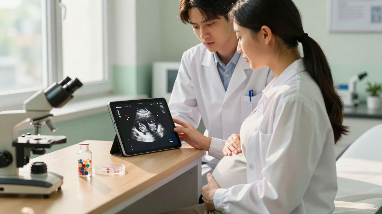 Médico mostra ecografia a grávida numa consulta num consultório com microscópio e material de laboratório.
