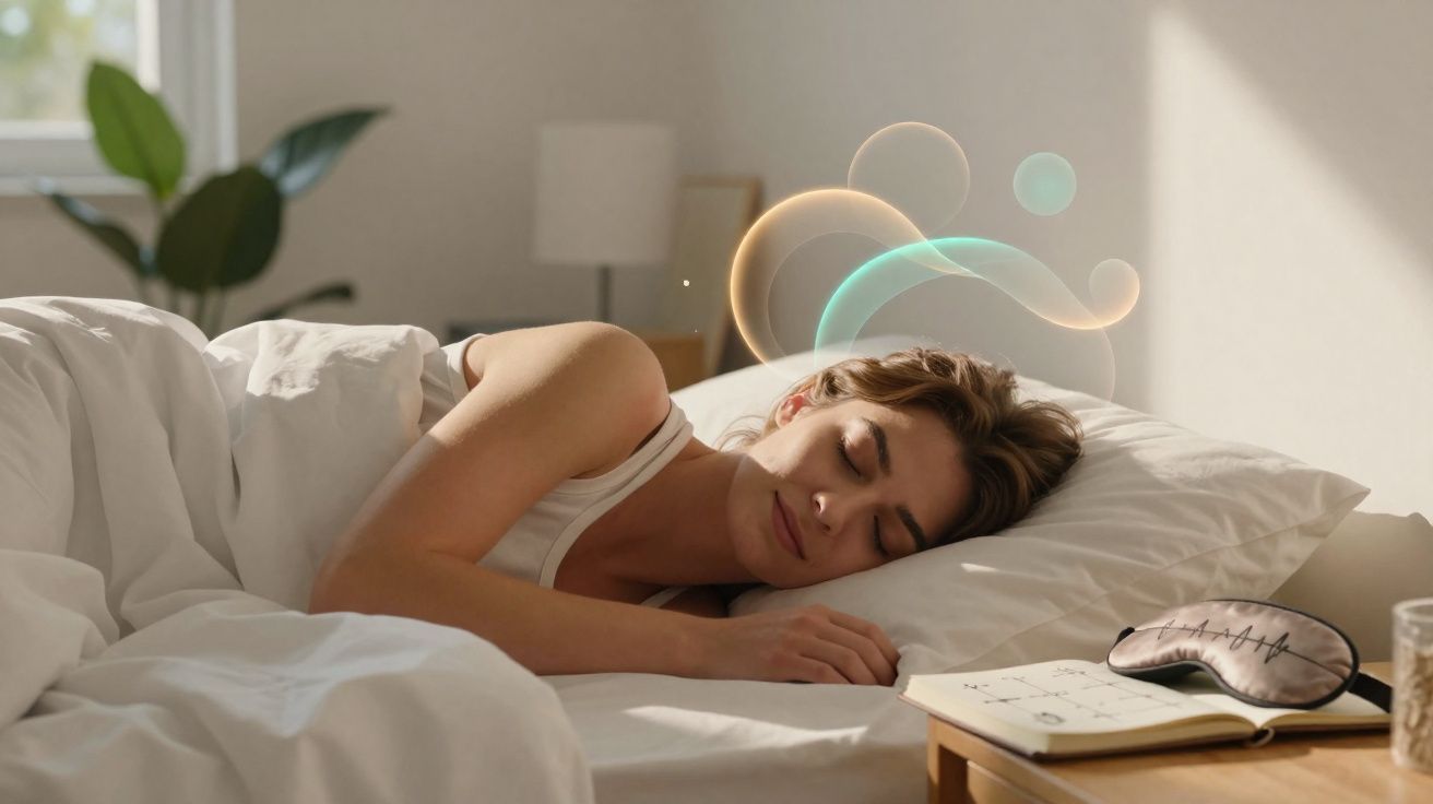 Mulher a dormir tranquilamente na cama com luz natural, máscara de dormir e diário na mesa de cabeceira.