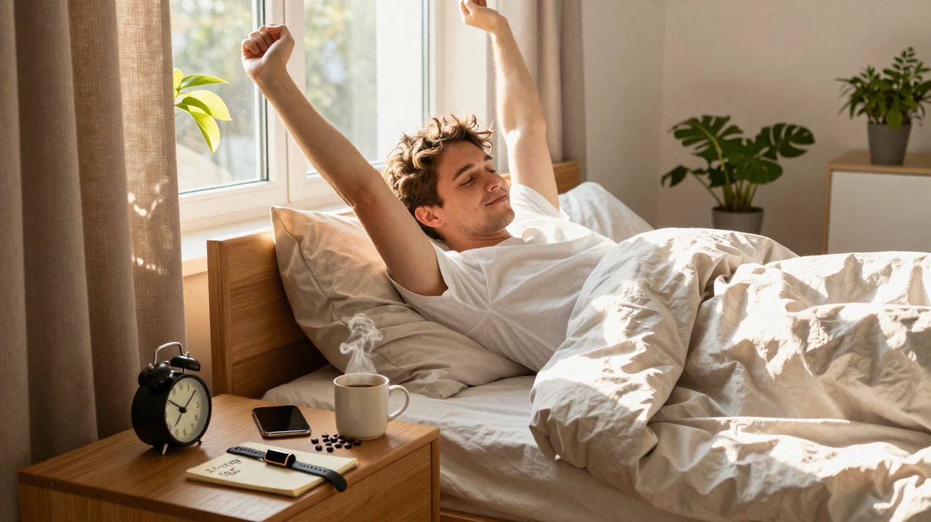 Jovem a espreguiçar-se na cama de manhã, com luz natural, junto a uma mesa com relógio e chá quente.