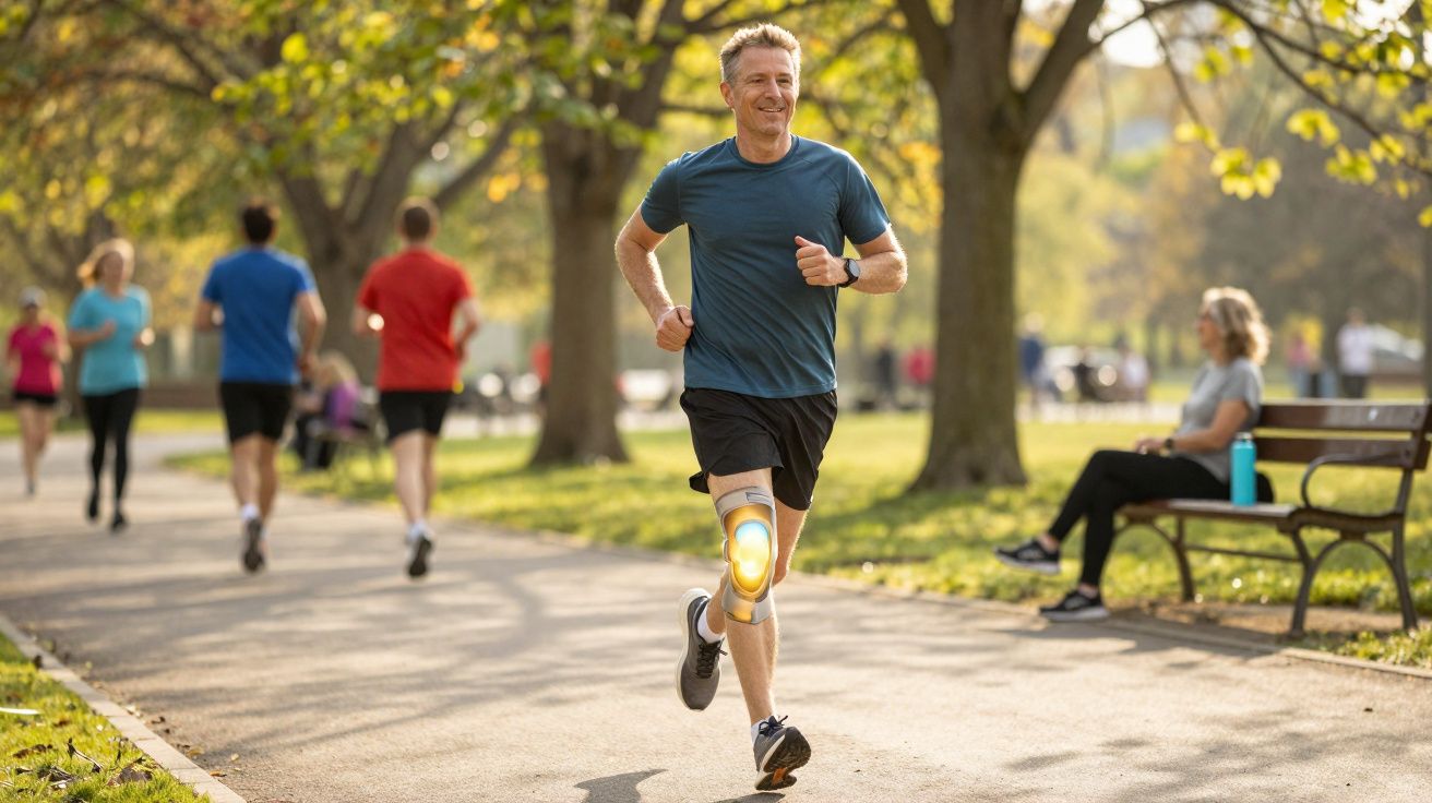 Homem a correr no parque com destaque para uma prótese de joelho iluminada.