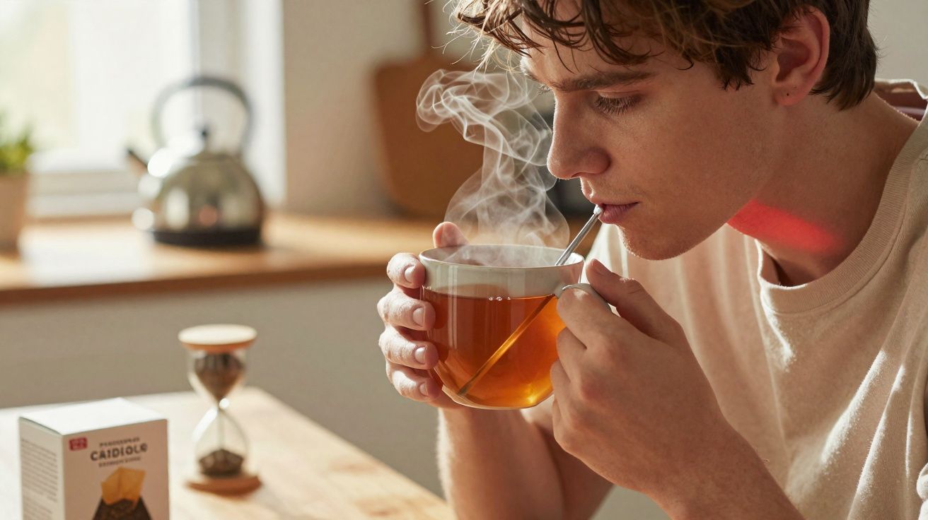 Jovem a saborear chá quente numa chávena transparente numa cozinha luminosa e acolhedora.