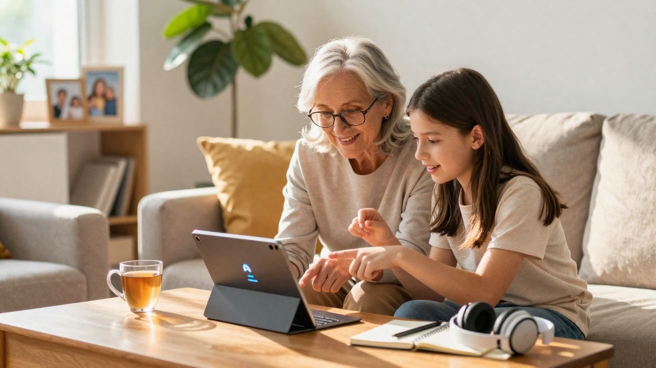 Avó e neta sentadas no sofá a usar tablet com chá e auscultadores na mesa à frente.