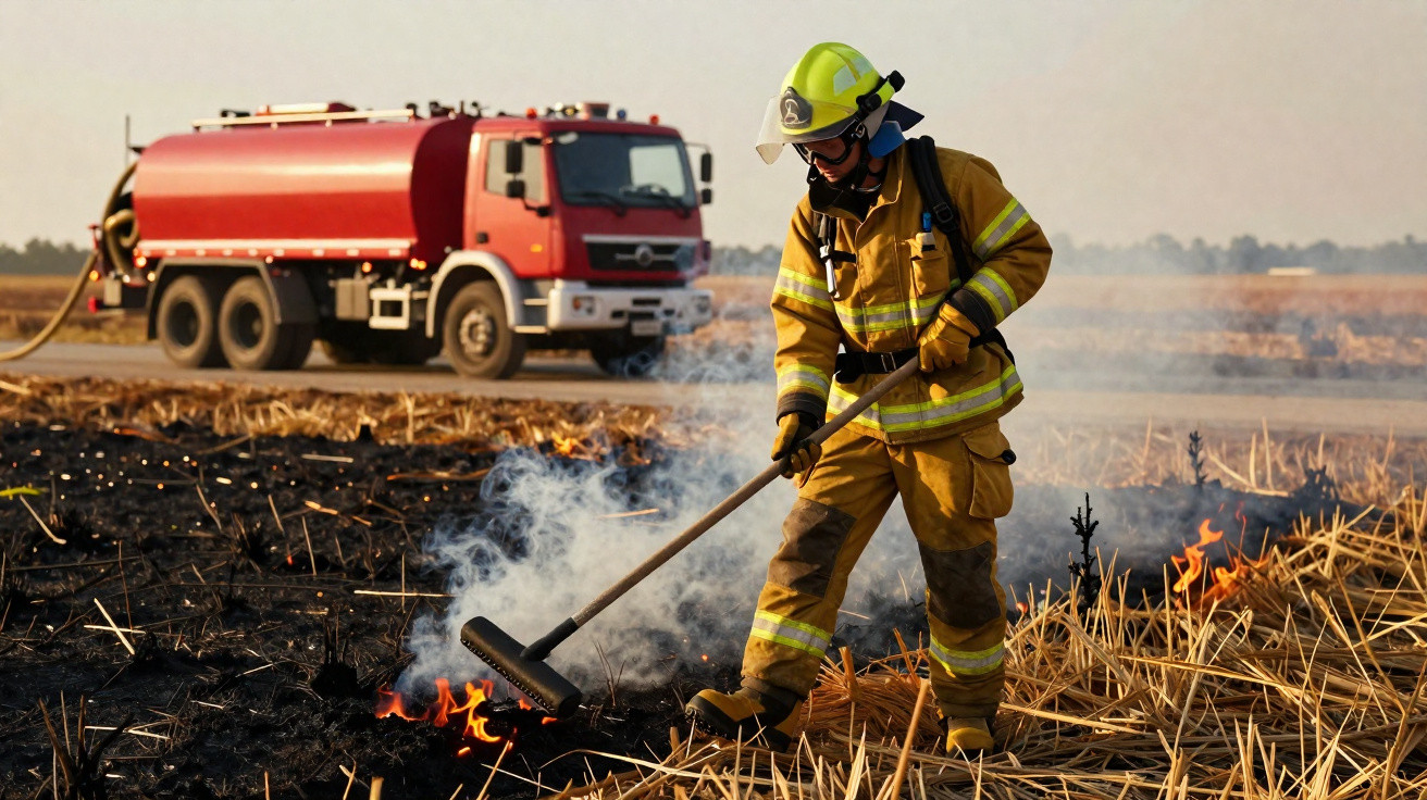 Bombeiro em equipamento completo a apagar fogo em campo seco com caminhão de água ao fundo.