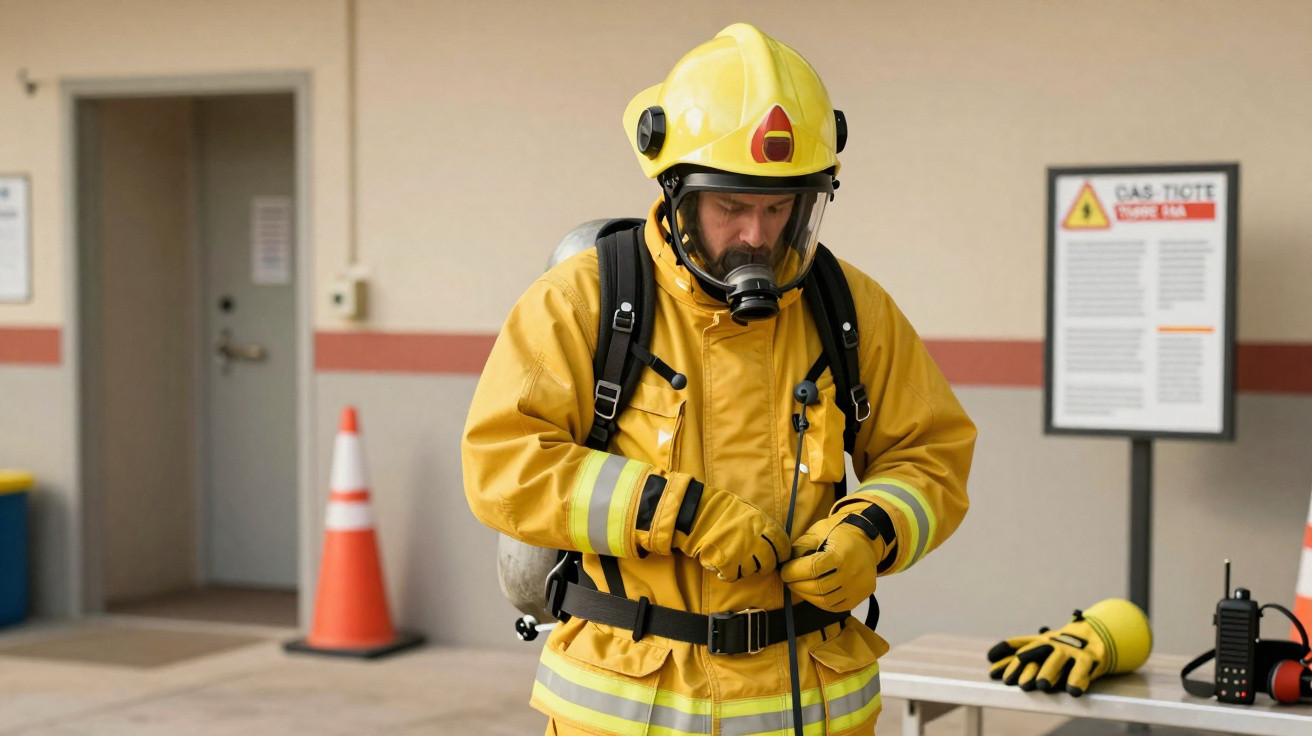 Bombeiro em uniforme amarelo a preparar equipamentos de proteção junto a mesa com rádio e luvas.