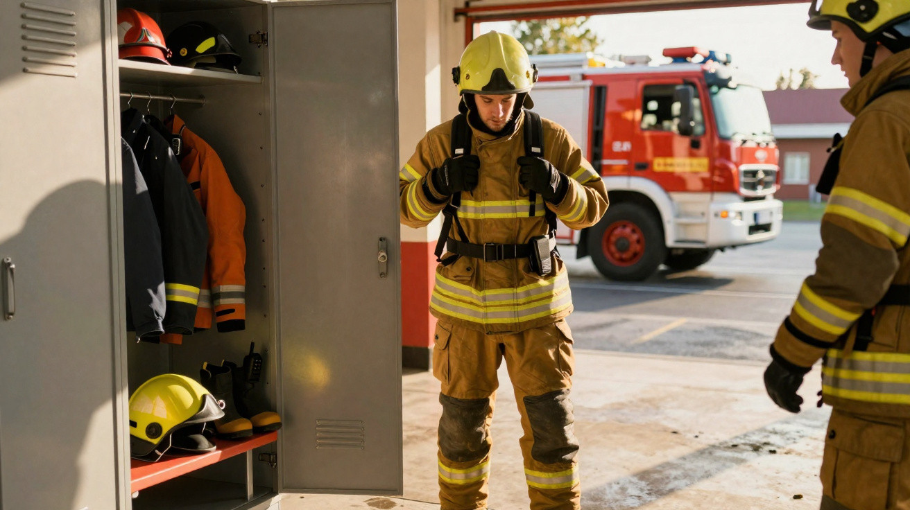 Bombeiro a vestir equipamento de proteção junto a armários com capacetes e camião de bombeiros ao fundo.