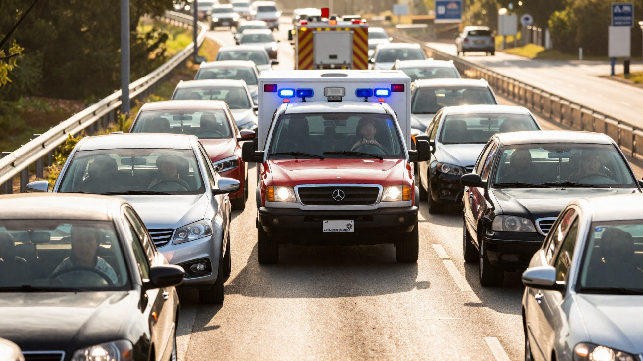 Ambulância com luzes de emergência a avançar no meio do trânsito intenso numa estrada urbana.