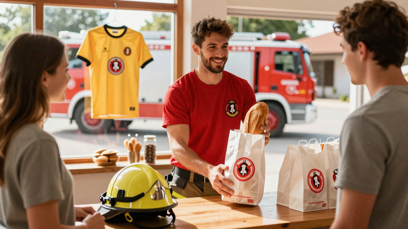 Bombeiro sorridente serve pão a casal numa padaria com camião de bombeiros ao fundo.