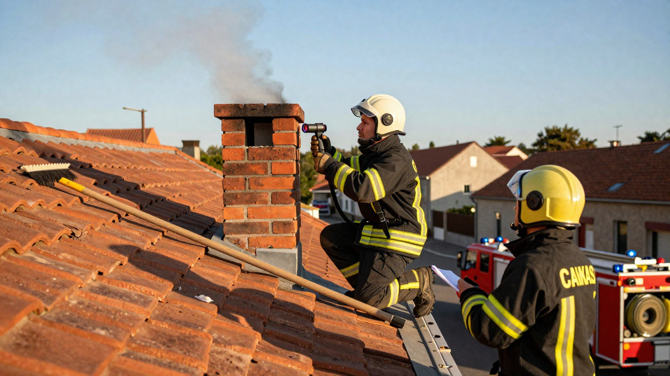 Dois bombeiros de capacete amarelo inspecionam uma chaminé de casa com telhado vermelho e fumo saindo.