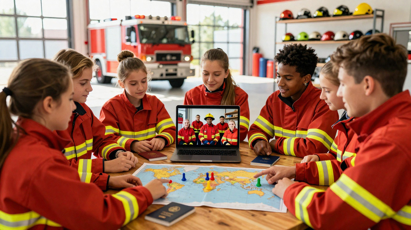 Grupo de jovens bombeiros em formação, reunidos à volta de mapa e computador num quartel com camião ao fundo.