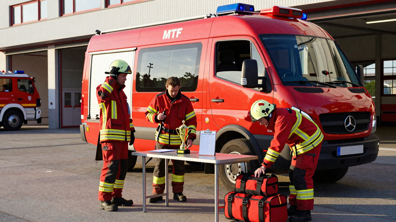 Três bombeiros junto a viatura de emergência vermelha com equipamento e troféu sobre mesa em garagem.