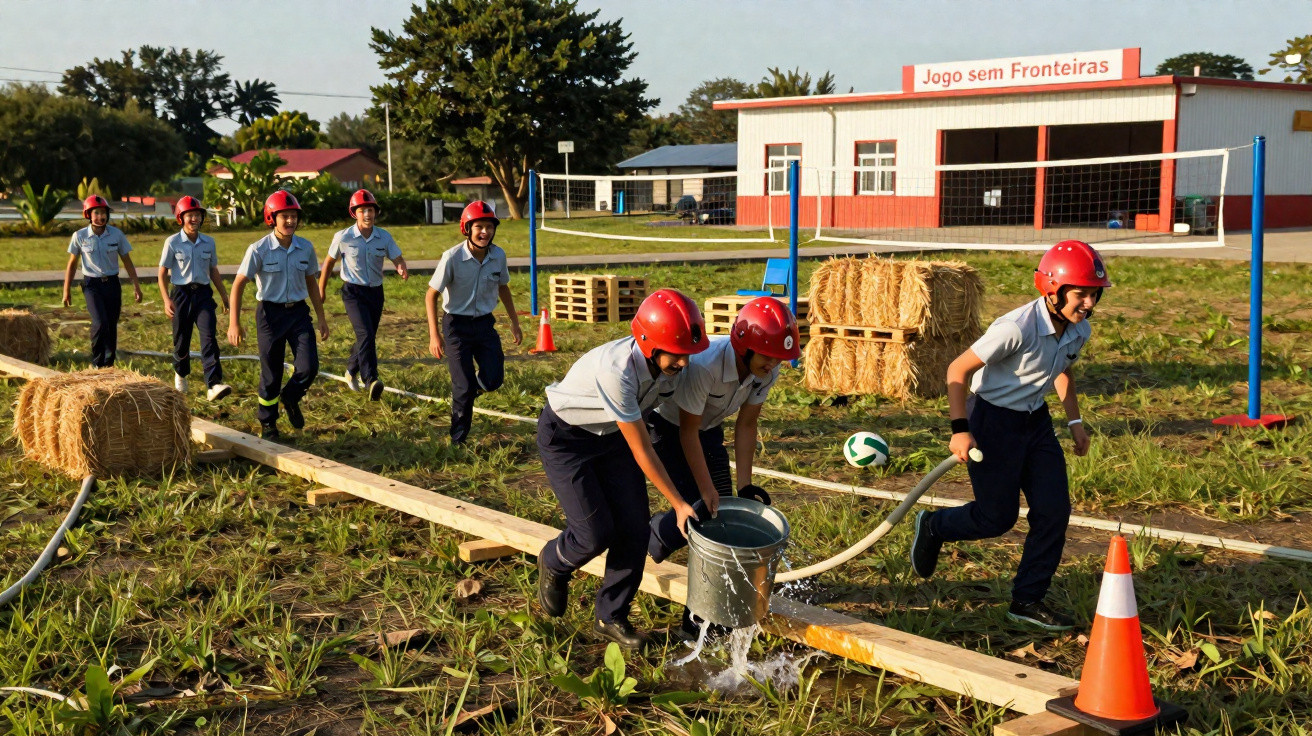 Crianças em uniforme e capacete vermelho participam em exercício ao ar livre com obstáculos e balde de água.