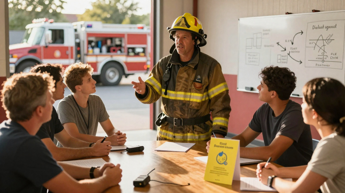 Bombeiro em uniforme explica procedimentos a grupo de jovens sentados à mesa numa sala com camião de bombeiros ao fundo.
