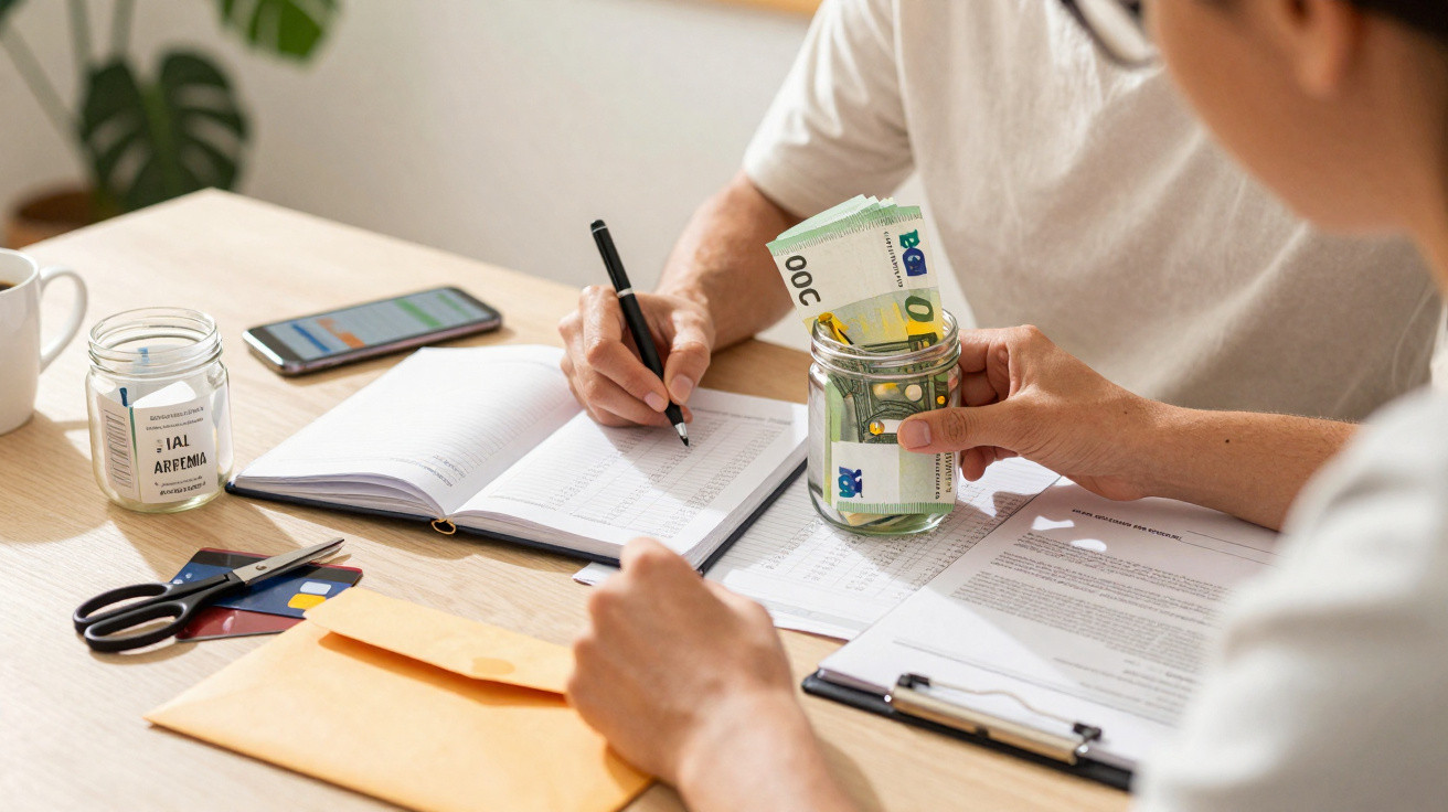 Pessoa a organizar finanças com caderno, notas em jarro, cartão, telemóvel e documentos numa mesa de madeira.