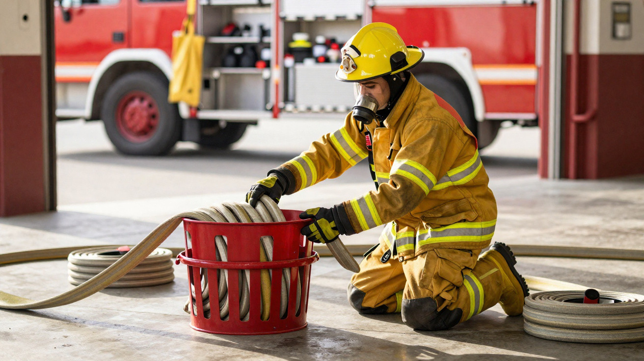 Bombeiro em uniforme amarelo enrola mangueira dentro de contentor vermelho numa garagem de bombeiros.