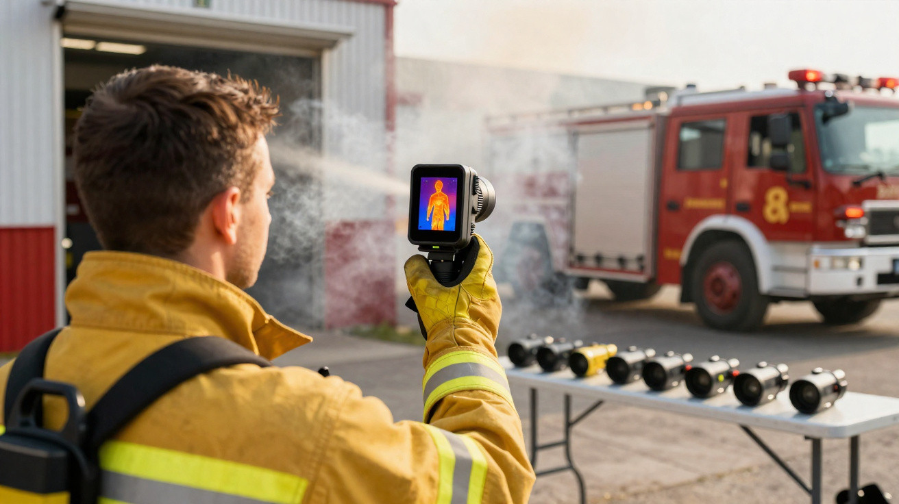 Bombeiro com roupa de proteção e capacete amarelo usa câmara térmica num ambiente de treino com viatura de bombeiros ao fundo