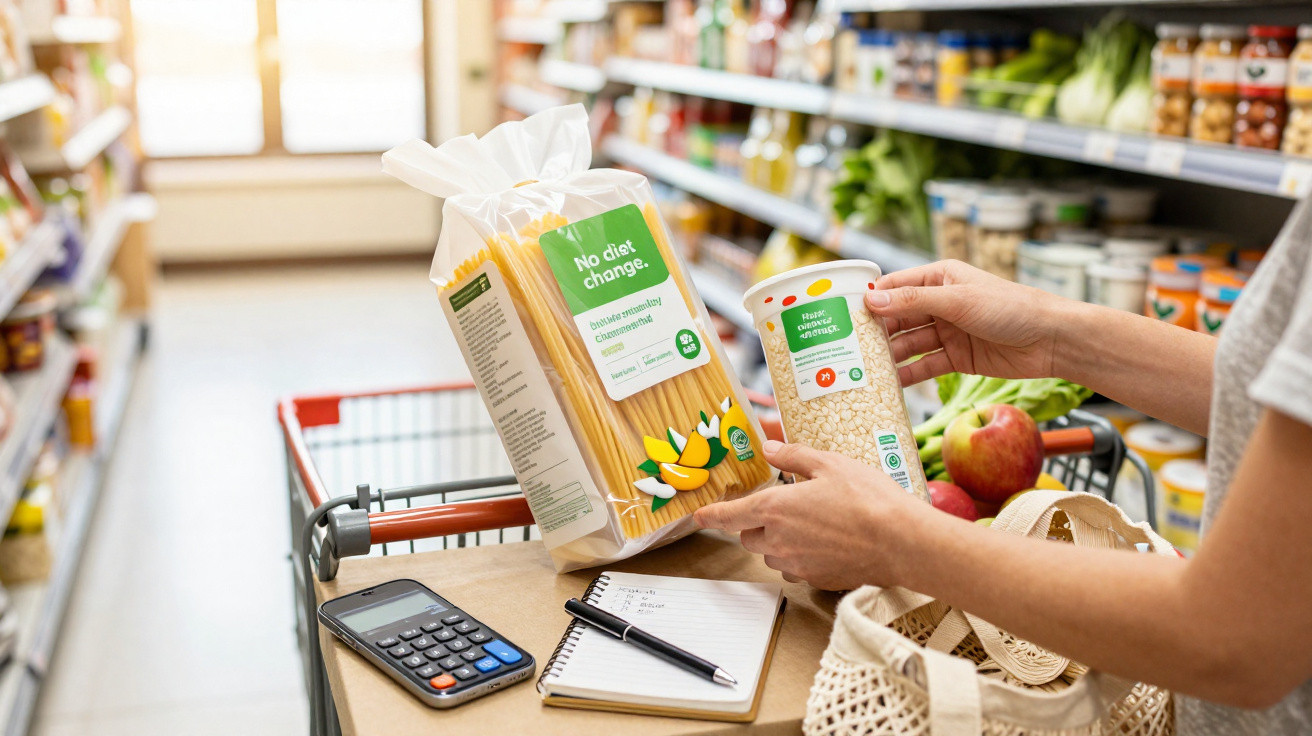 Pessoa em supermercado a segurar pacote de massa com carrinho contendo frutas, bloco de notas e calculadora.