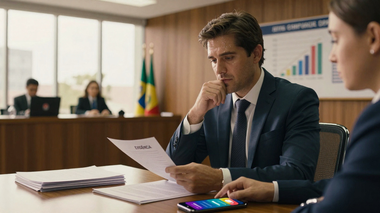 Homem de fato escuro a analisar documentos numa reunião de escritório, com telefone e gráficos ao fundo.