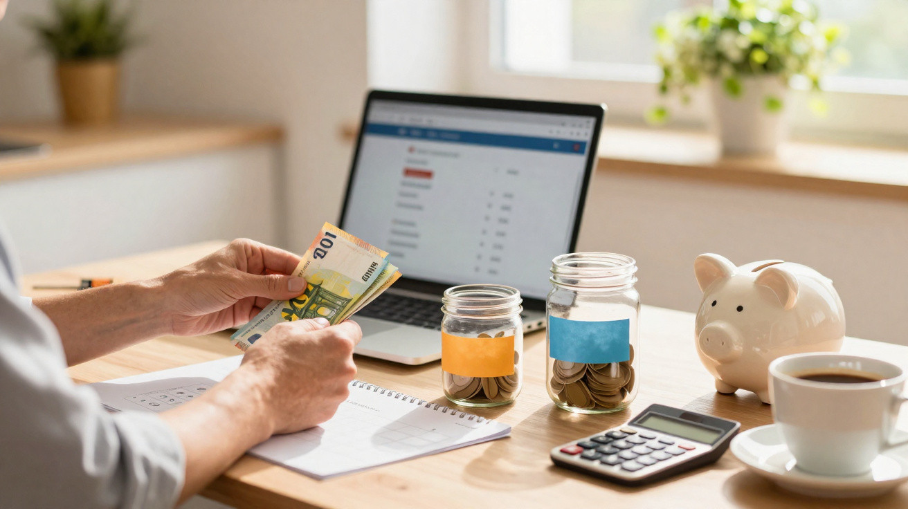 Pessoa segurando cartão de crédito e notas, com computador, cofres e calculadora numa mesa organizada.