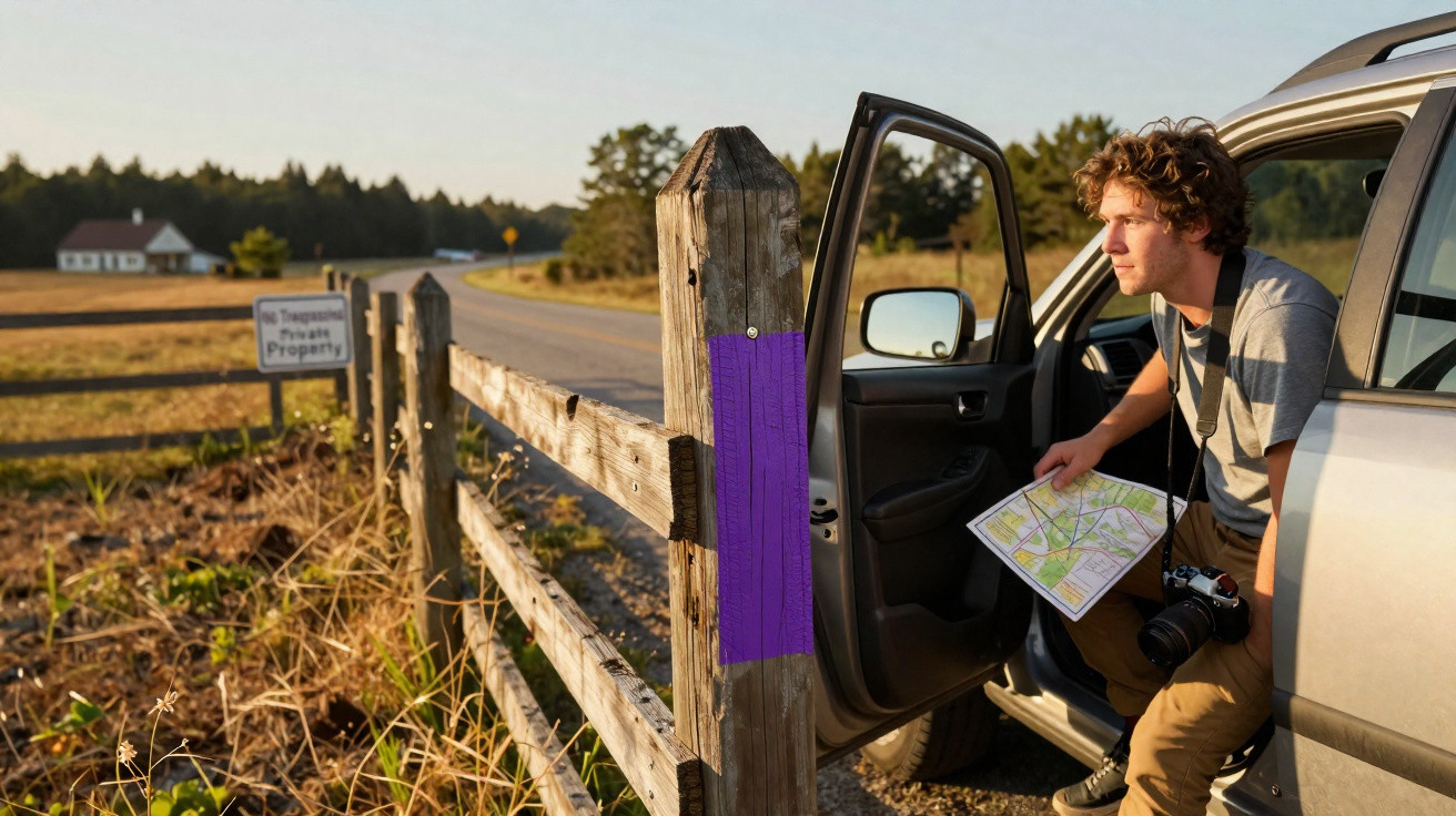 Homem com mapa na mão sai de carro e toca em poste pintado de roxo junto a cerca rural.