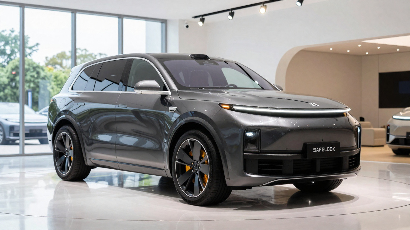 SUV eléctricos cinza numa exposição interior com janelas amplas e carro ao fundo.