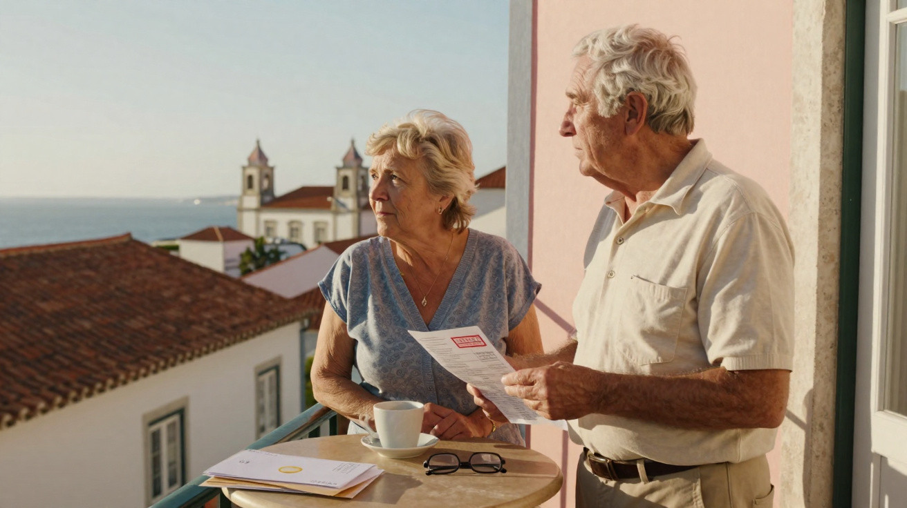 Casal sénior na varanda de casa com vista para mar e igrejas, casal a ler correspondência importante.