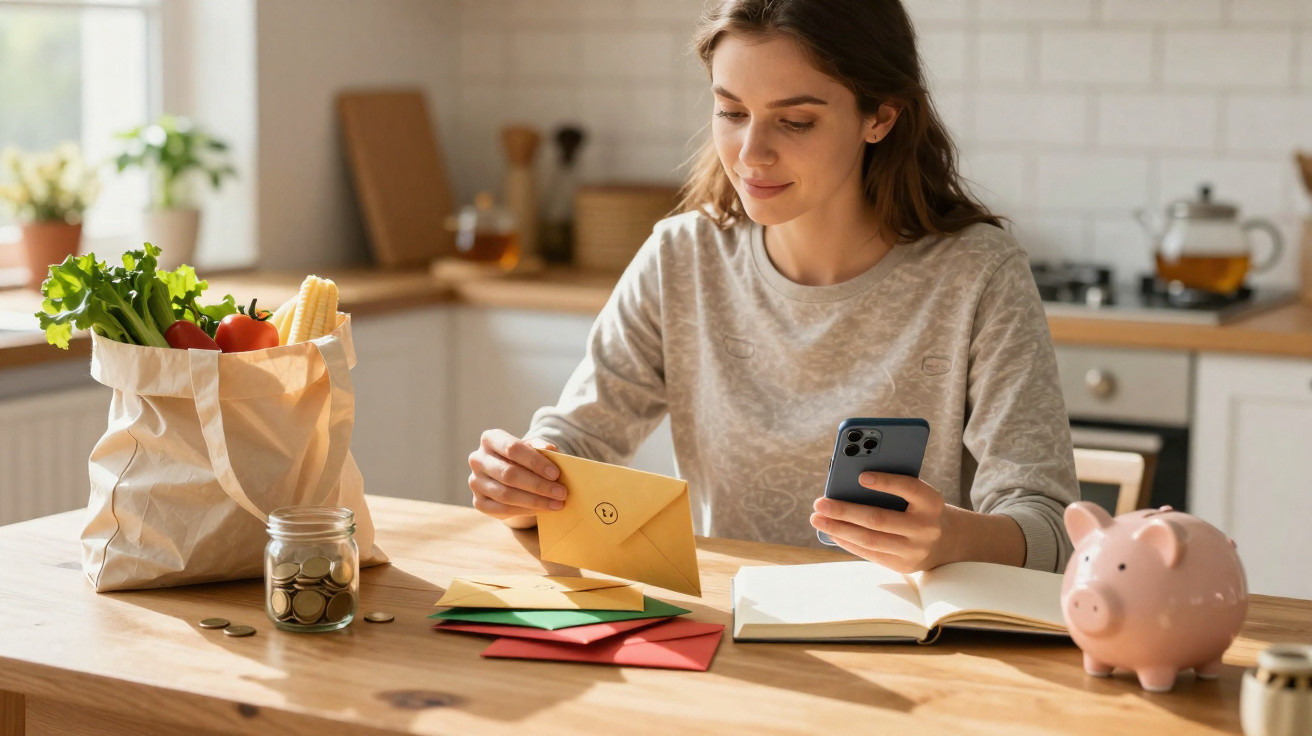 Mulher sentada numa cozinha, a organizar envelopes coloridos e a usar telemóvel para gerir finanças.