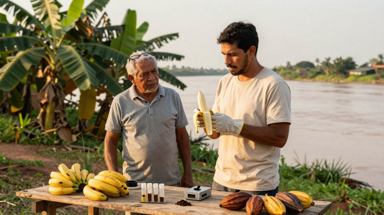 Agricultor e cientista discutem banana numa plantação, com equipamentos de laboratório e frutos sobre a mesa.