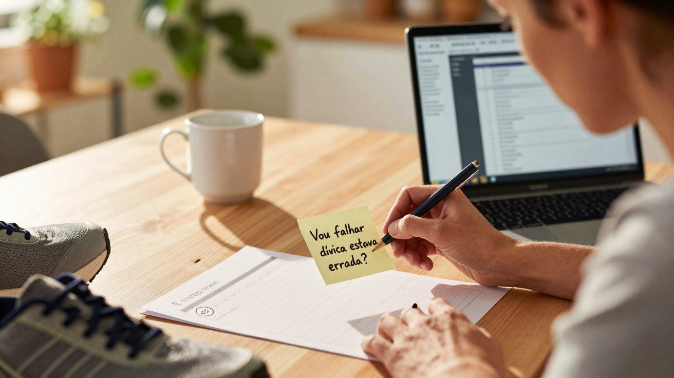 Pessoa a segurar um post-it com a frase Vou falhar e se esse alívio estiver errado, numa mesa com computador, ténis e caderno