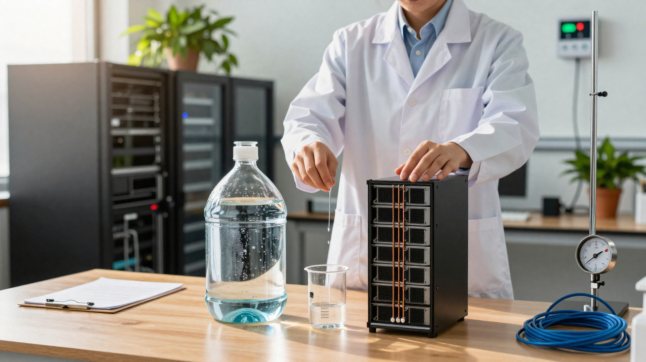 Cientista em bata branca manuseia equipamento científico com tubos e líquido num laboratório moderno.
